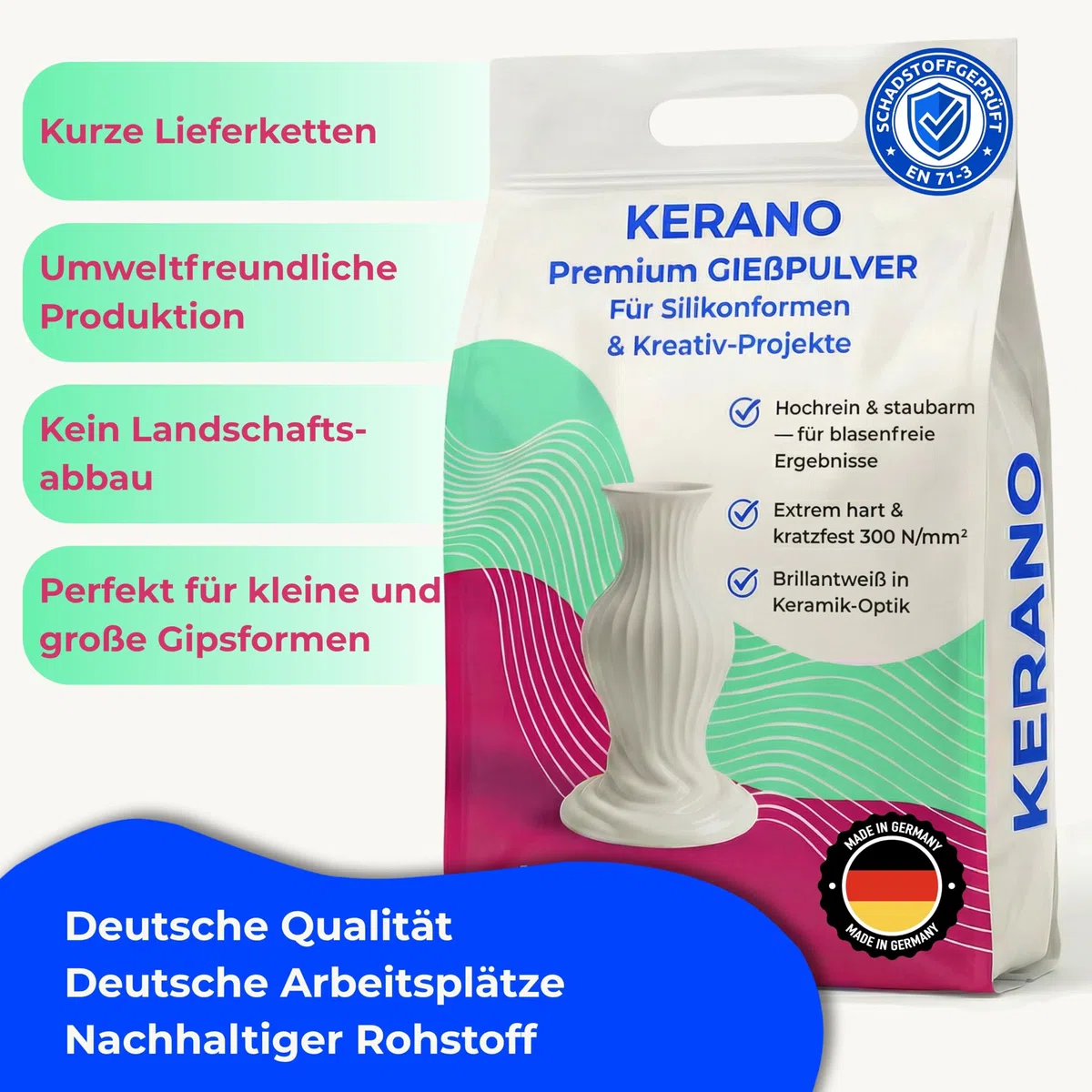 Gießpulver Weiß 4,5kg für Silikonformen, KERANO Made in Germany | In 15 Minuten entformbar, ohne Brennofen. Bildet feinste Details scharf ab, für Vasen, Kerzenhalter, Schalen & Skulpturen