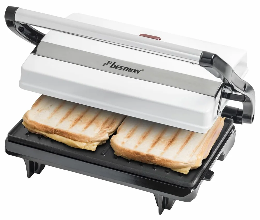 Bestron Kontaktgrill mit Auffangschale, Sandwichmaker mit Cool-Touch-Handgriff, Paninimaker mit Antihaftbeschichtung, 700 Watt, APM123W, Farbe: Weiß