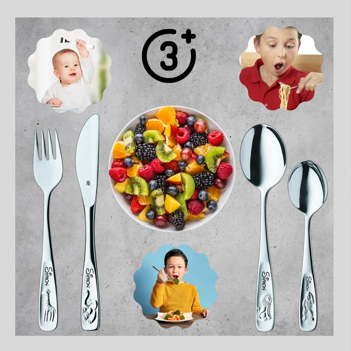 WMF Kinderbesteck mit Namensgravur, Edelstahl, 4-teilig, spülmaschinengeeignet, Geschenk zur Taufe, Taufgeschenke für Mädchen und Jungen, Kinderbesteck mit Gravur, Besteckset ab 3 Jahre, Tiere