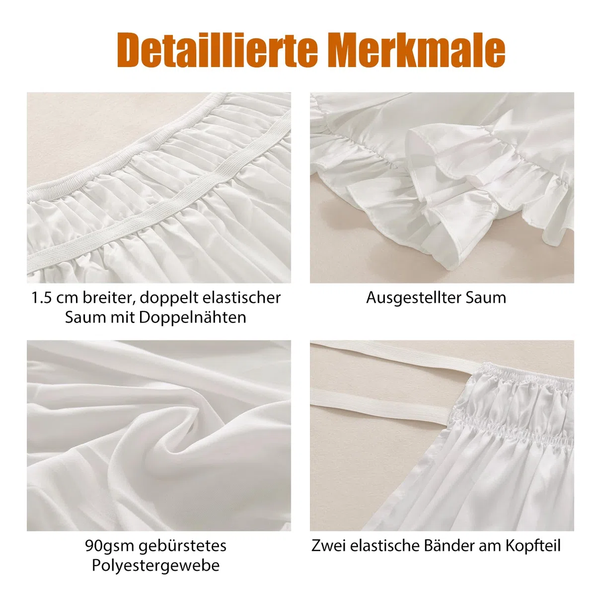 ACESOME Bed Skirt 137 x 190cm, Bettrock zum Umwickeln Bettvolant,Ruffled Solid Bed Rock, Elastische Bettschürze mit 38cm Drop aus Polyesterfaser (Weiß, 137 x 190cm)
