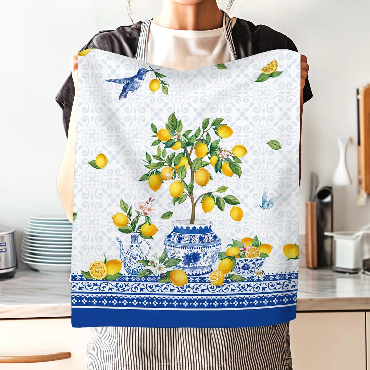 Zitrone Geschirrtücher 2er, Blau Sommer Küchentücher 100% Baumwolle Dekorative Trockentücher Saugstarke Geschenk für Urlaub Einweihungsfeier Dekoration 48 cm x 70 cm