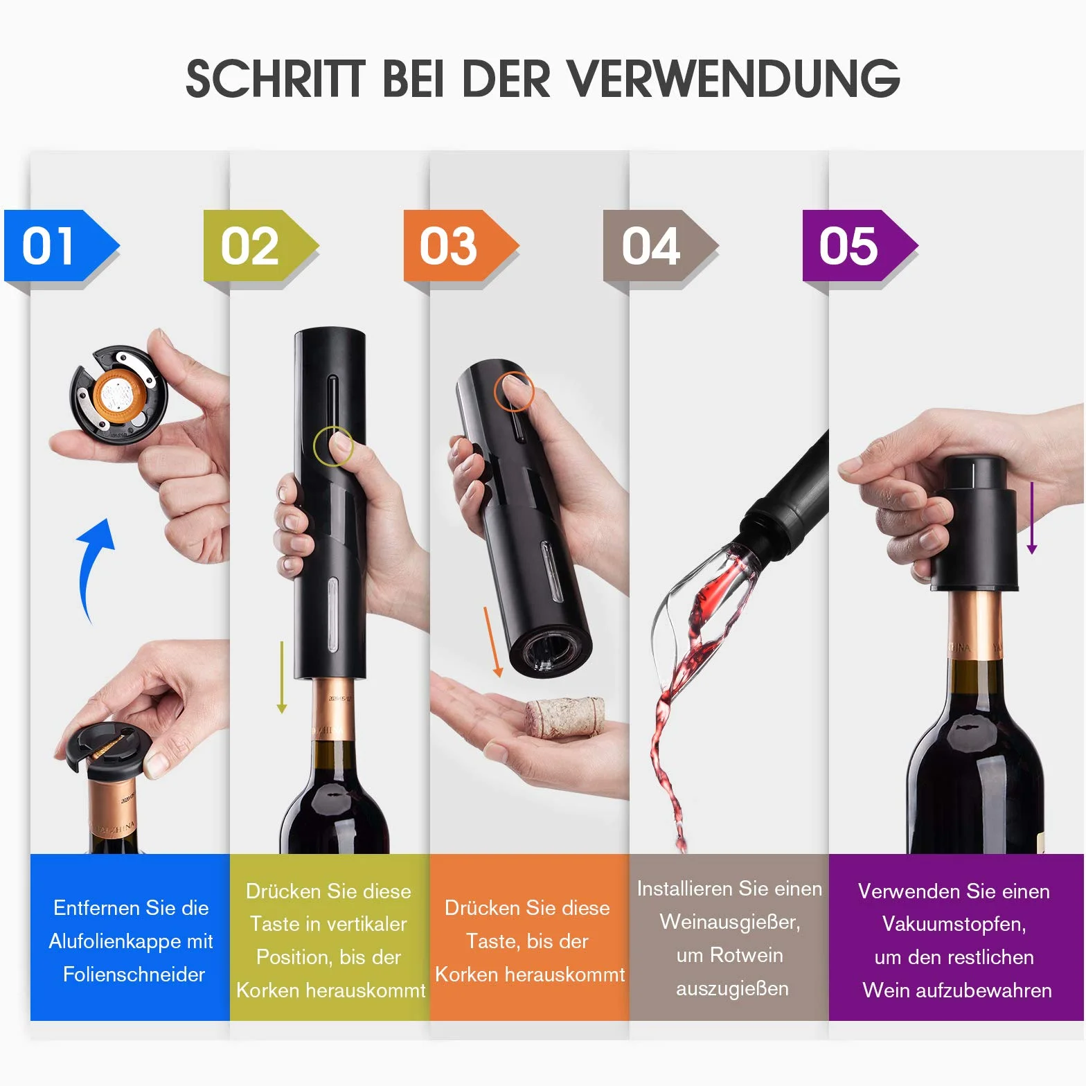 mafiti Elektrisches Weinflaschenöffner-Set, elektrischer Korkenzieher, automatischer Flaschenöffner, kabelloser Weinöffner, Weinflaschenöffner-Set inklusive Folienschneider, Weinausgießer und Vakuum-W