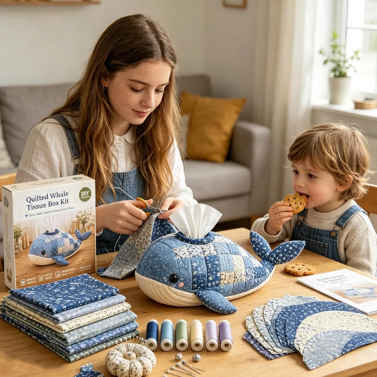 Generisch DIY-Set für gesteppte Taschentuchboxen mit Meerestieren, komplettes patchworks-Nähset mit Meerestieren, anfängerfreundliches, gestepptes Taschentuchbox-Cover-bastelsets für Erwachsene