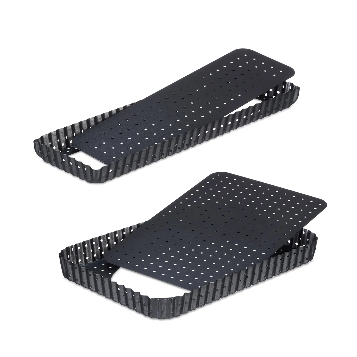 Relaxdays Tarteform, 2er Set, mit Hebeboden & Löchern, 2 Größen, antihaftbeschichtet, rechteckige Quicheform, anthrazit