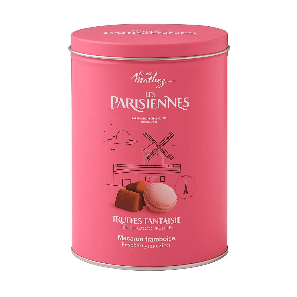 Mathez "Les Parisiennes" Trüffel mit Himbeer-Macarons in ovaler Metalldose