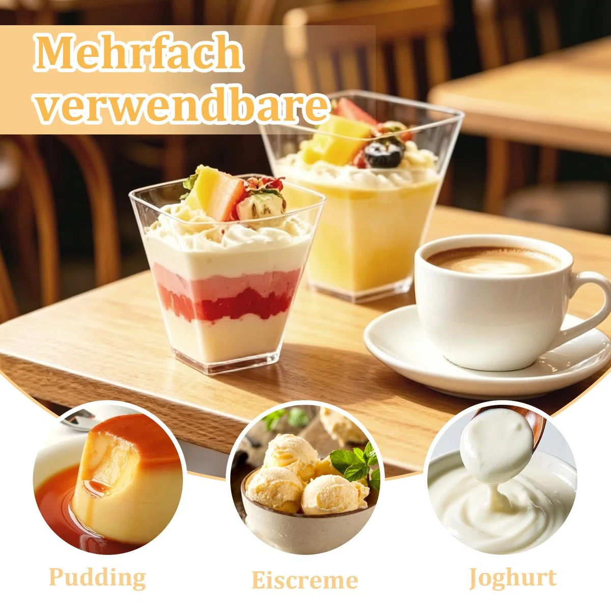 Mehrweg Dessertbecher 160 ml aus BPA-freiem PP Kunststoff – Wiederverwendbar, Spülmaschinengeeignet, Robuste Dessertgläser für Tiramisu, Mousse und Snacks (50 Stück)
