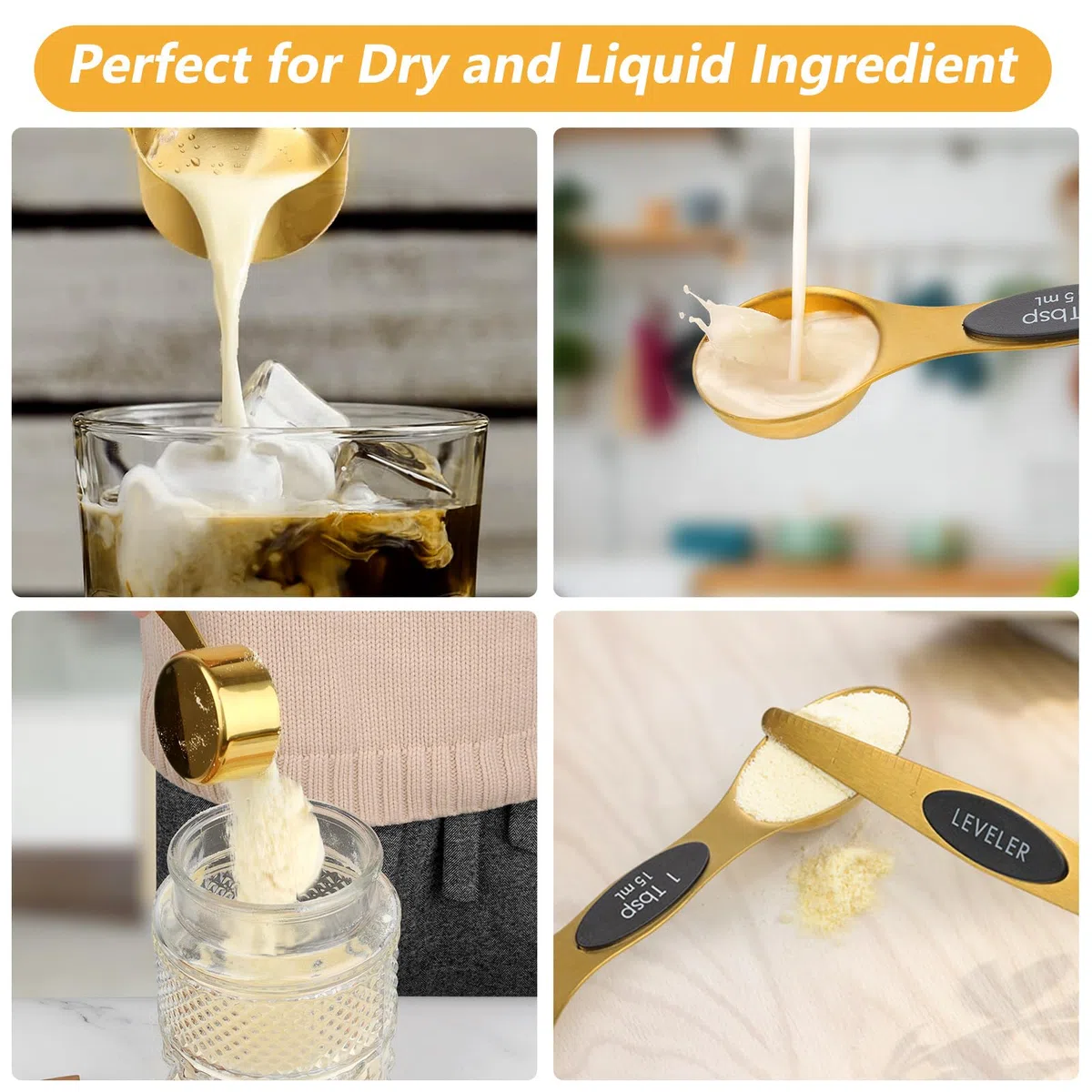 Cuteefun Gold Magnetische Messlöffel und Messbecher 12er Set, 8 Doppelseitige Magnetische Messlöffel mit Wasserwaage, 4 Premium Edelstahl Messbecher, Messen für Trockene und Flüssige Zutaten