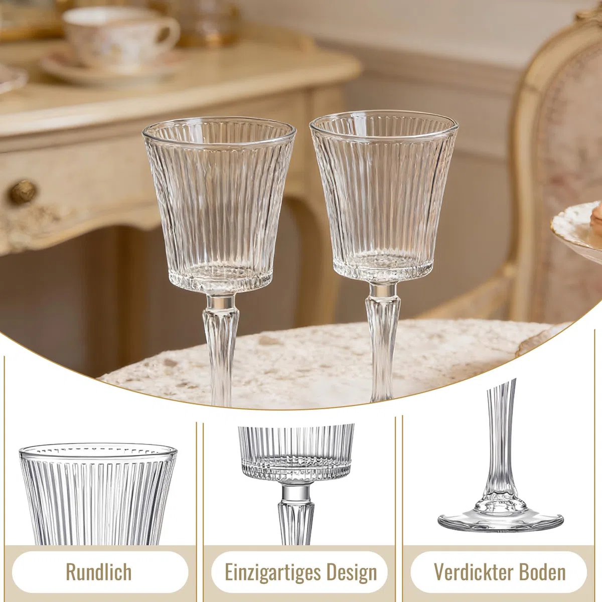 Ein Satz von 6 Cocktailgläsern im Retro-Stil mit 290 ml, elegantes Design, langlebiges Glasprodukt, Wellenform in Retro-Art-Dekor-Stil