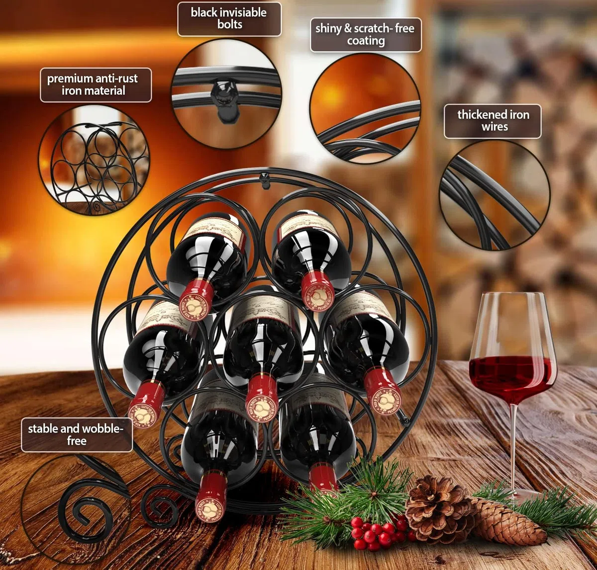 Weinregal Metall Schwarz Flaschenregal Wine Rack Weinflaschenhalter Schrank Shelf Weinhalter WeinstäNder Klein 7 Flaschen
