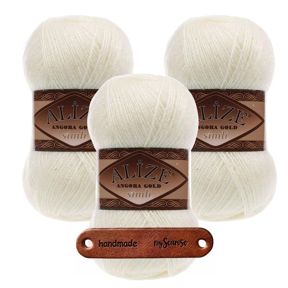 ALIZE Angora Gold Simli 01 Cream Premium Wolle 3 x 100g Glitzerwolle für Tücher Schals und Accessoires weich leicht elegant für Herbst und Winter mit mySearose Label