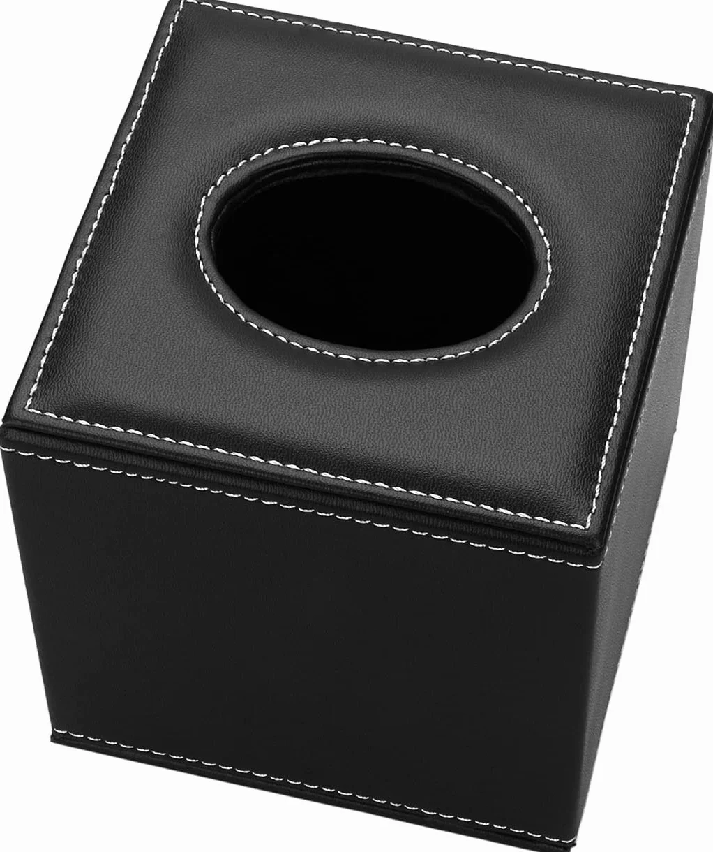 KINGFOM Quadratisch Taschentuchbox, PU Leder Kosmetiktücher Box Tücherbox | Tissue Box für Auto Büro Badezimmer Schlafzimmer (Schwarz)