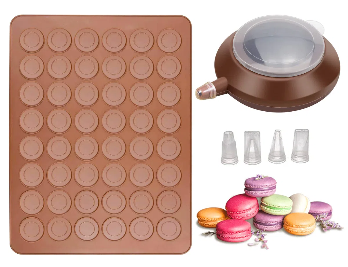 Macarons Backmatte aus Silikon 48 Mulden Antihaftbeschichtet Macaron Silikonmatte Silikonform mit Dekorationsstift, 4 Düsen Makronenplatte BPA Frei Makronenformen für Cupcake, Dessert, 38 x 28cm
