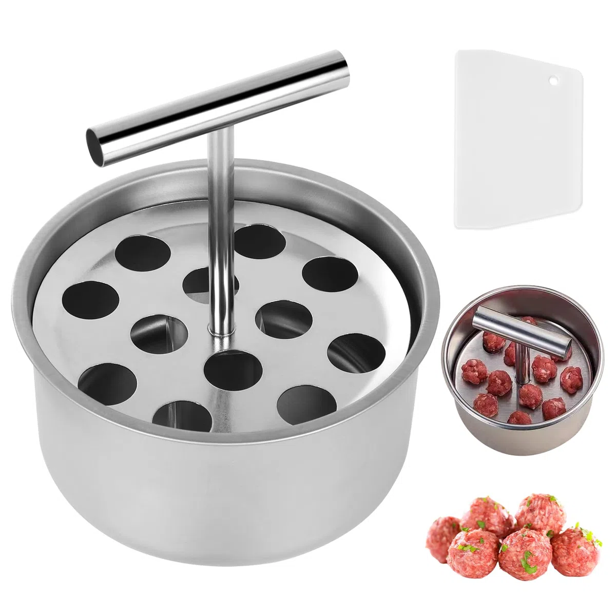 Fleischbällchen Former, 12 Löcher Edelstahl Hackbällchen Former mit Plastikschaber, Antihaft Frikadellenformer, Manueller Hackbällchen Former für Küche, Haushalt und Outdoor