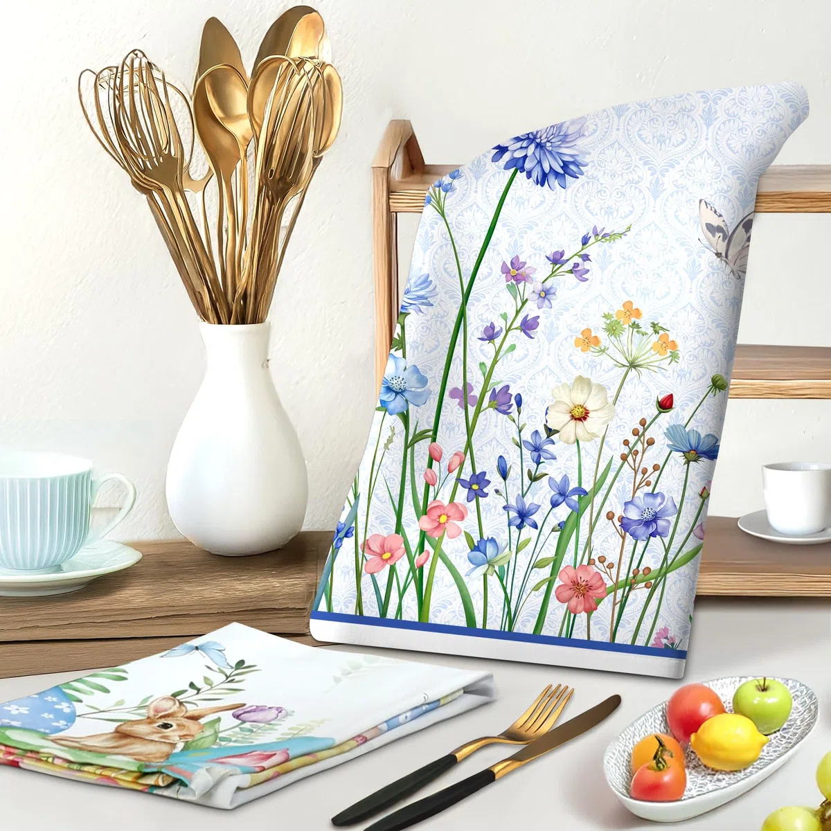 4er Set Geschirrtücher Blau Wildblume Küchentücher Schmetterling Blume Dekorative 100% Baumwolle, 48 x 70 cm, Trockentücher Saugstarke Geschenk, Küche Dekoration