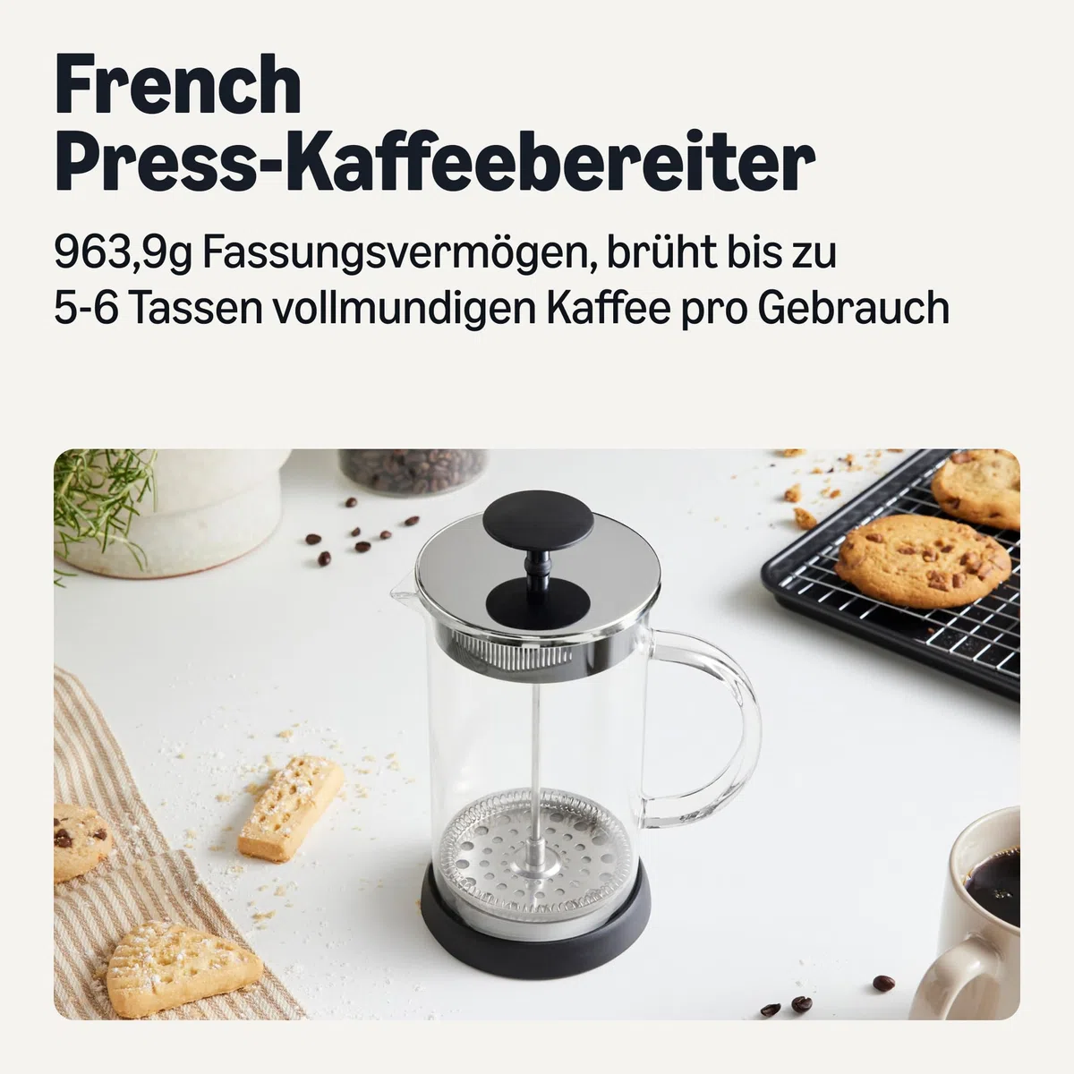Amazon Basics French Press-Kaffeebereiter, 1 L, Borosilikatglas, Abnehmbare Spülmaschinenfeste Teile