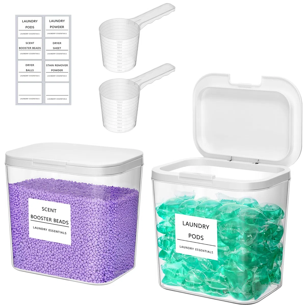 Lifewit 2700 ml/0.72gal Wäsche Pods Behälter mit Druckverschluss, Waschpulver Aufbewahrungsbox mit Etikette und Löffel, Waschmittelbox, Waschmittel Aufbewahrung für Pulver Perle Duft Booster, 2 Stück