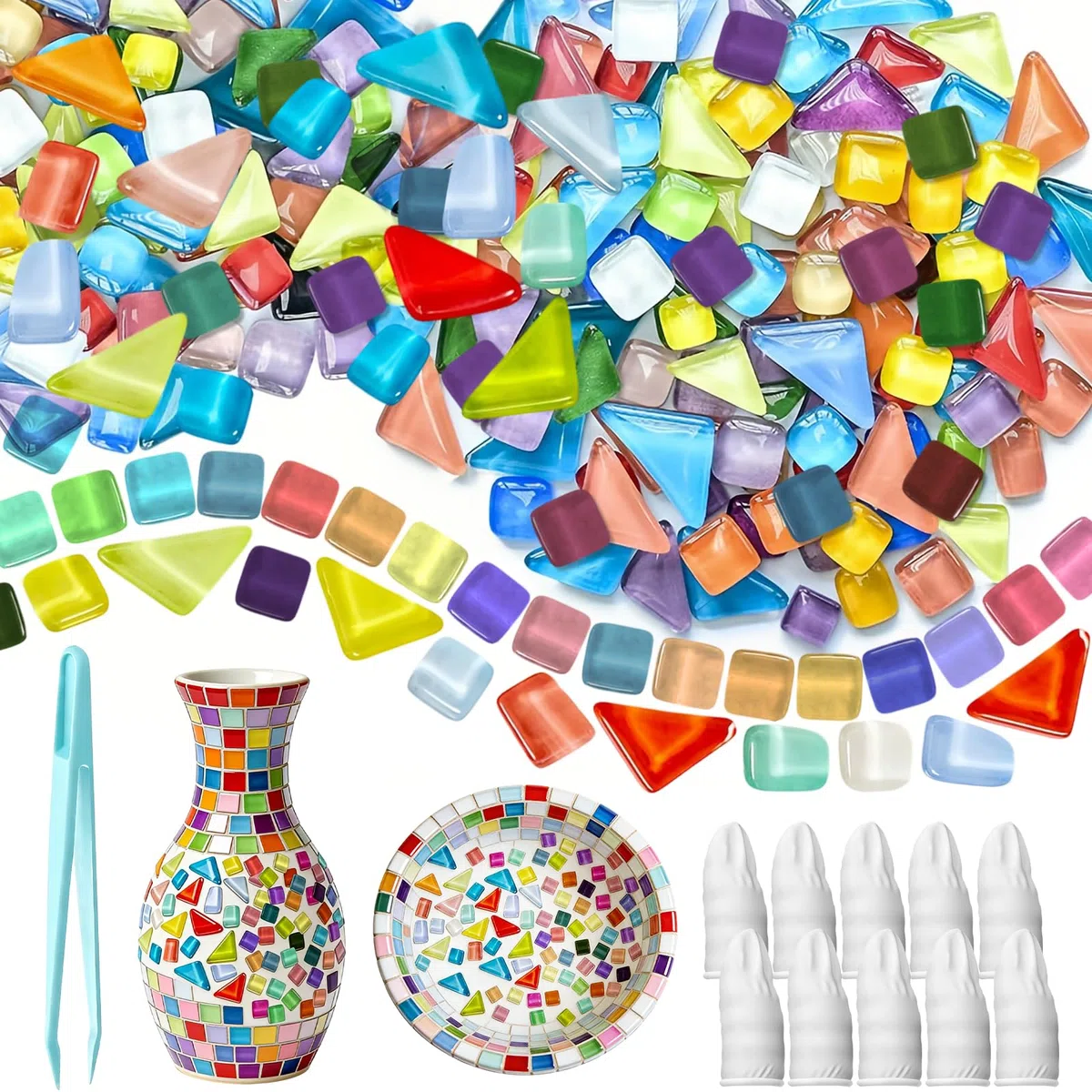 Sheryl&Rain 900 g Mosaikfliesen, Mosaiksteine zum Basteln Set, Quadrat&Unregelmäßige, mit Pinzette, Kristall Glasmosaiksteine, Mini Mosaik Steine Bunt für DIY Kunstprojekte, Mosaikdekorationen