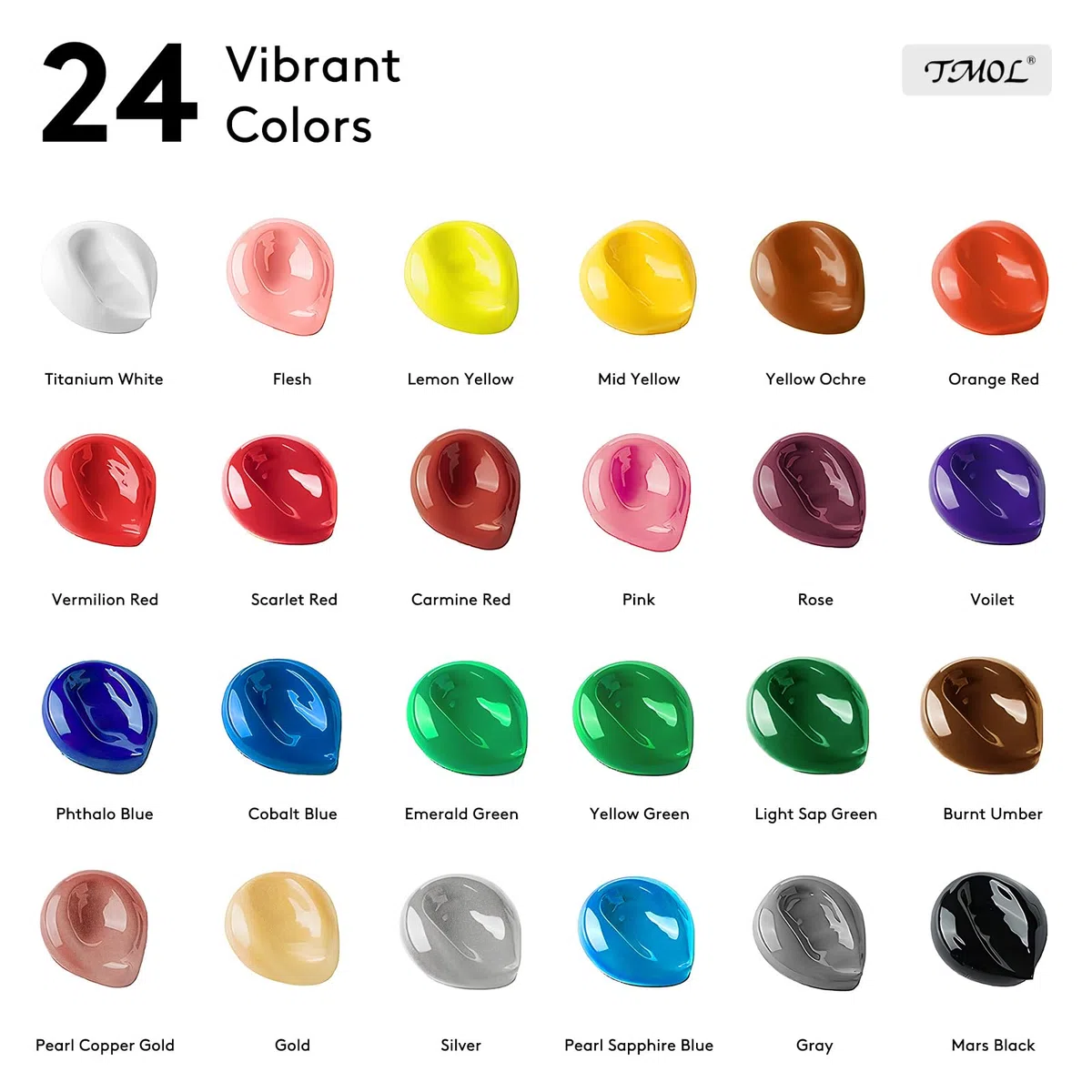 TMOL Acrylfarben Set, 24 Farben x60 ml +12 Pinsel, Acrylic Paint Set, Künstlerbedarf für Leinwand, Holz, Keramik, Stoffe, ungiftige Pigmente Acrylfarbe für Anfänger, Studenten, Profis, Künstler
