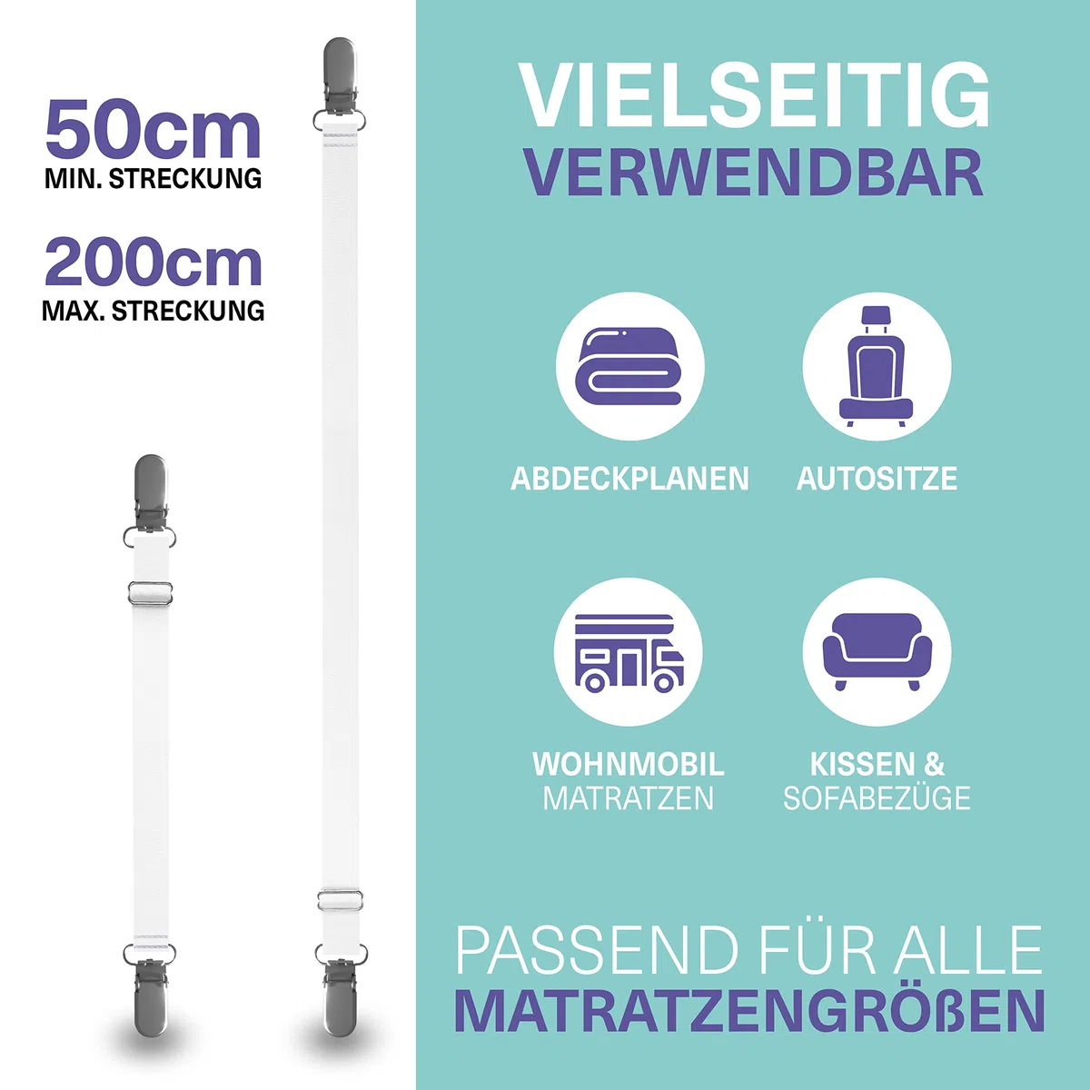 Bettlakenspanner verstellbar (8 Stück) für alle Matratzengrößen - Premium Betttuchspanner mit hochwertiger Metallspange (50-200cm) - für faltenfreie Bettlaken und Topper