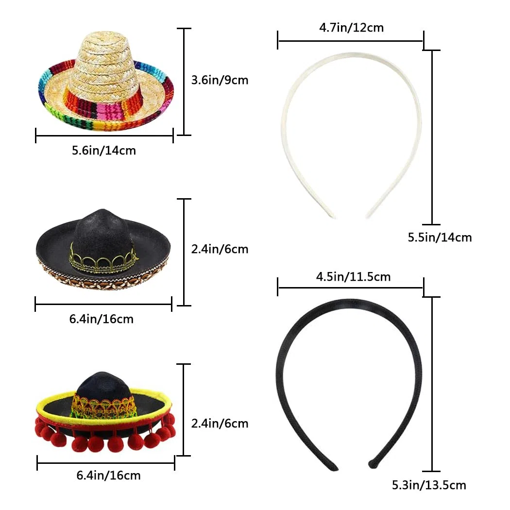 Set von 6 Cinco de Mayo Stroh Sombrero Stirnband Stoff Partyhüte mit Ball Fransen Dekoration für Fiesta Hut Partyzubehör, Dia de Muertos, mexikanische Themen Dekorationen Partyzubehör