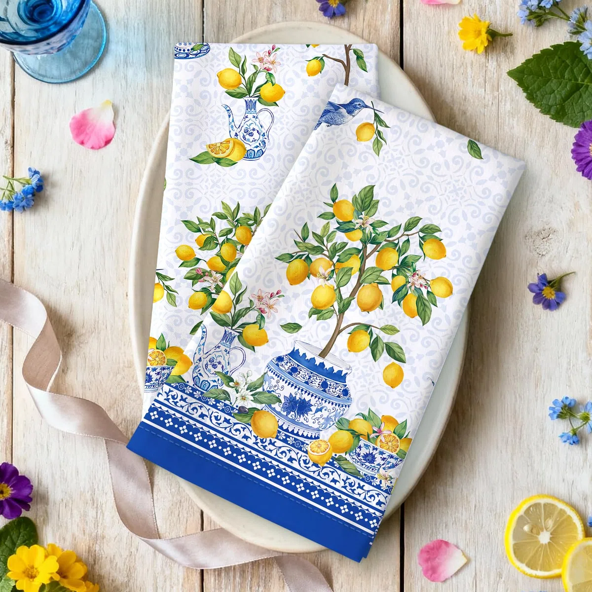 Zitrone Geschirrtücher 2er, Blau Sommer Küchentücher 100% Baumwolle Dekorative Trockentücher Saugstarke Geschenk für Urlaub Einweihungsfeier Dekoration 48 cm x 70 cm