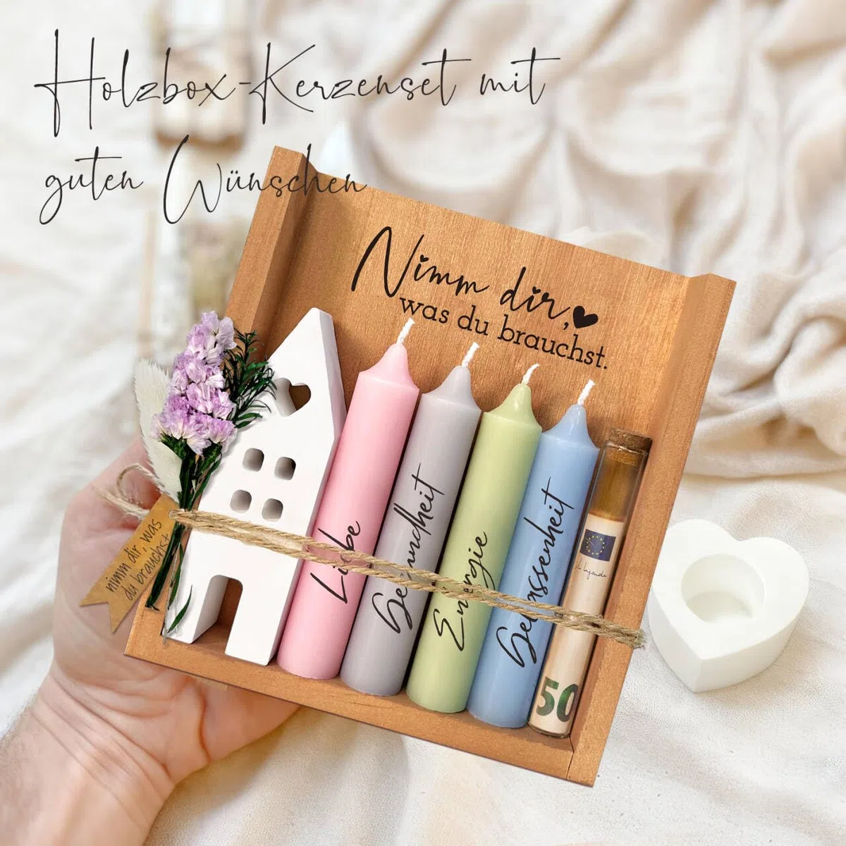 Nimm dir was du brauchst Kerzen Geschenkset für Frauen Freundin Geschenke mit Kerzenständer, Kerze mit Spruch Geschenk, Kerzenhalter Holzkiste, Geldgeschenke mit Kerzen Deko