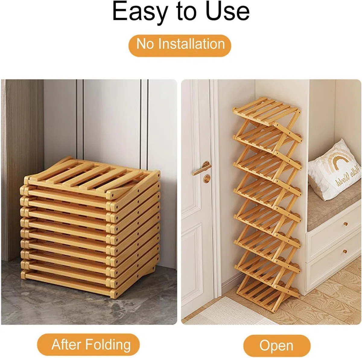 kiss me Vertikales Schmales Schuhregal,Tragbare Holz Schuhregale,Ohne Installation,Bambus Faltbare Schuhe Veranstalter für Korridore, Schlafzimmer, Wohnzimmer, Ecke (Braun, 3 Ebenen)
