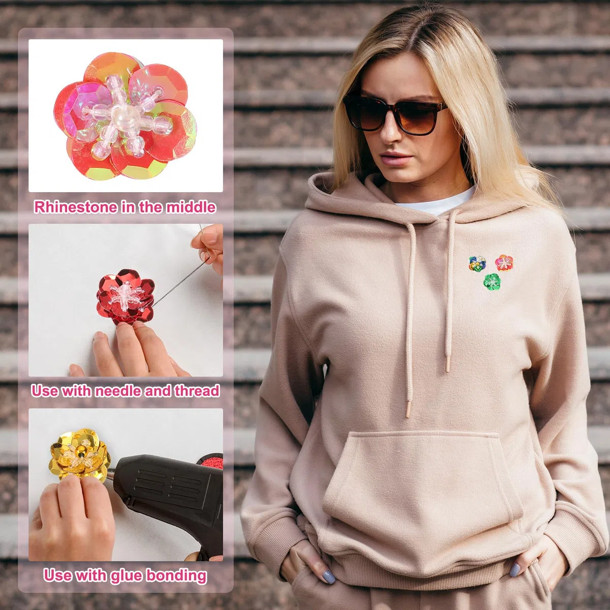 PATIKIL 100 Stück Pailletten Blumen Aufnäher, 0,8"/2cm Blumen Applikation mit Kristall Perlen zum Aufnähen auf Stoff Patch für Kleidung Schuhe Taschen Accessoirek, Grau
