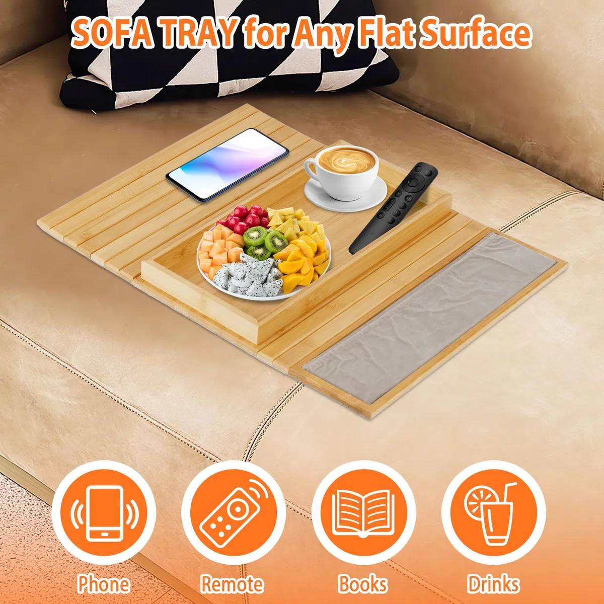 Faltbares Sofatablett Armlehne, Bamboo Couch Tablett Ablage mit Anti Rutsch Kissen, Mit Einer Aufbewahrungstasche Couch Armlehnentisch für Snacks Handy Tassen (45.5 x 34cm)