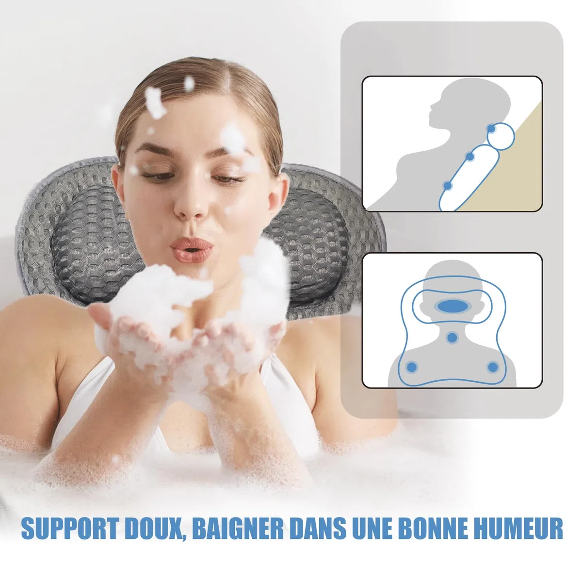 Badewannenkissen mit 6 Saugnäpfen & Haken - Ergonomisches Nackenkissen mit Memory-Schaum & 4D Air Mesh, Schnelltrocknend, Für alle Badewannen (Grau)