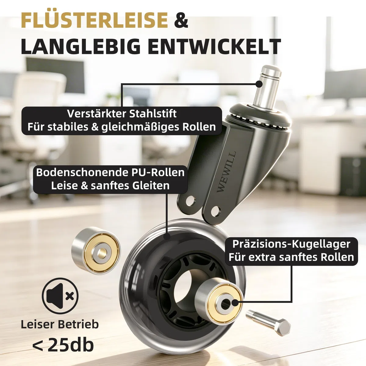 WEWILL Bürostuhl Rollen Stuhlrollen bis 300 kg Schreibtischstuhl Gummirollen Hartbodenrollen, Sehr leise Bürostuhlrollen 5PCS 11x22 mm, Keine Bodenschutzmatte Nötig Keine Kratzer im Boden