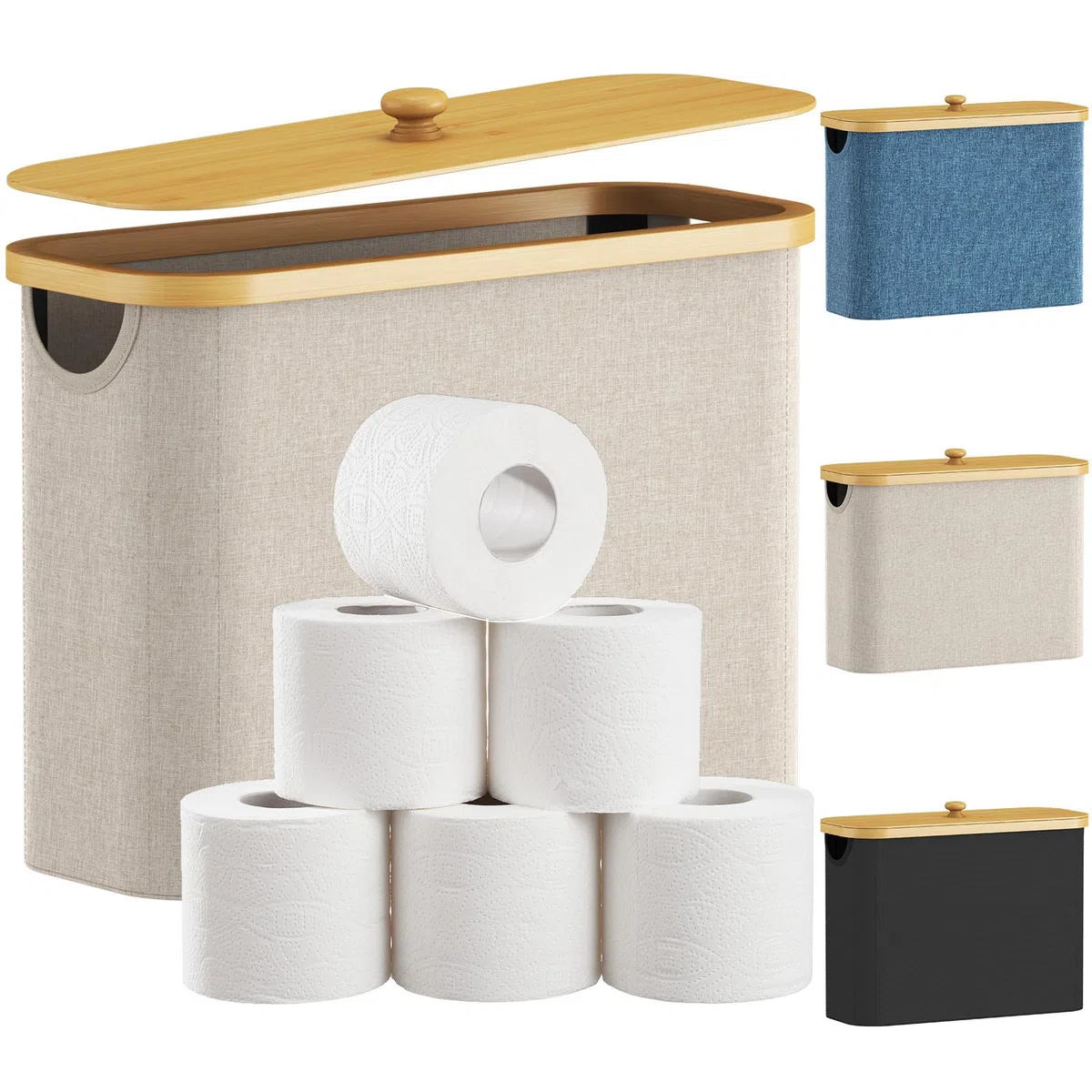 Lifewit Toilettenpapier Aufbewahrungskorb, Bambus Badezimmer Organizer, Klopapier Aufbewahrungsschrank für Enge Räume, Toilet Paper Behälter mit Deckel, 23L, Beige