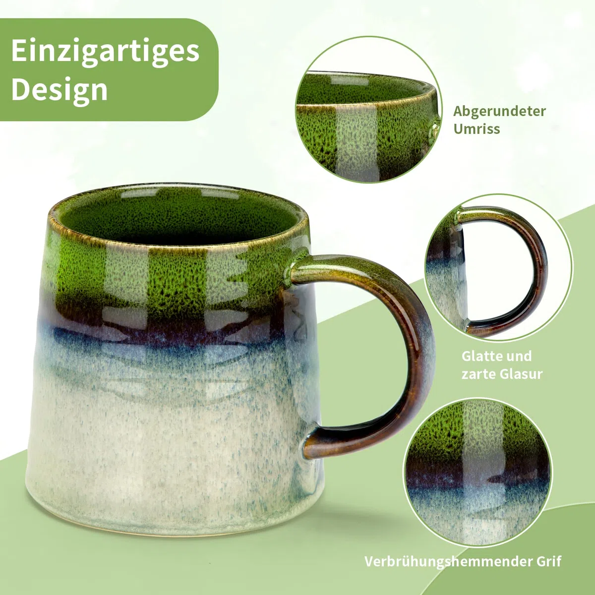 Kaffeetasse Groß, Cappuccino Tassen, Kaffeetasse aus Porzellan, Große Teetasse mit Henkel, Porzellan Cappuccino Tasse Kaffee Milch Tee Tasse (Grün)