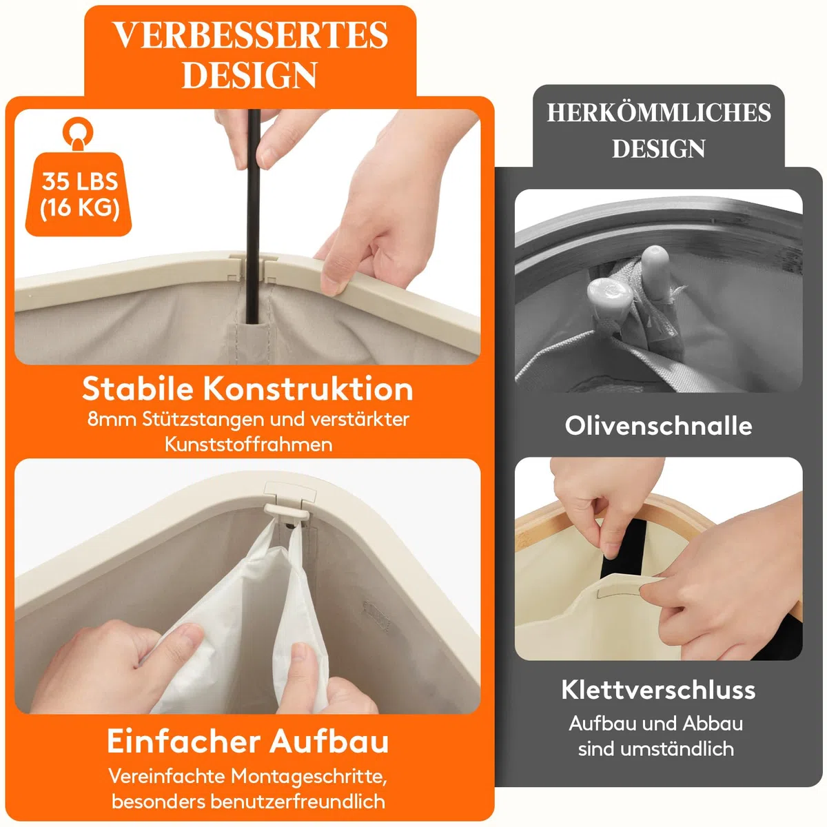 Lifewit 105L Wäschekorb mit Deckel, hoher Wäschekorb mit Kunststoffrahmen, faltbarer großer Wäschekorbsammler, Wäschekörbe für Schlafzimmer, Bad, Beige