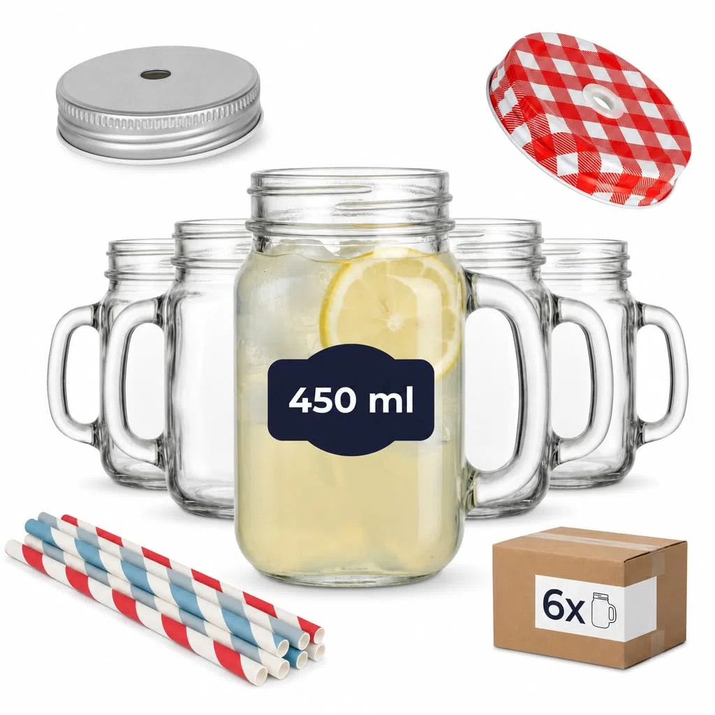 gouveo 6er Set Trinkglas 450 ml (0,45 l) mit Henkel und Schraubdeckel silberfarben + rot – Henkelglas mit Mehrweg-Trinkhalm aus Hartkunststoff für Garten, Bowle, Cocktails (TGH450SR)