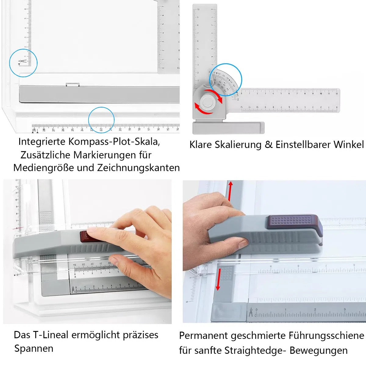 Zeichenplatte A4 Zeichenbrett Multifunktions Zeichentisch mit Parallel-Zeichenschiene Doppelnutführung Einstellbar Winkel Schnellzeichendreieck für Professionell Office Studenten Studium,A4