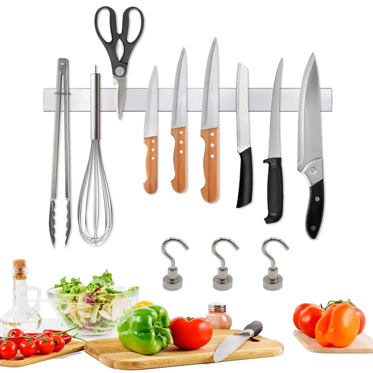 Magnetleiste Messer,40 cm Messer Magnetleiste selbstklebend,3M Klebeband ohne Bohren,aus Premium-Edelstahl,rostfrei & hygienisch,mit 3 Haken,Messerhalter Magnetisch