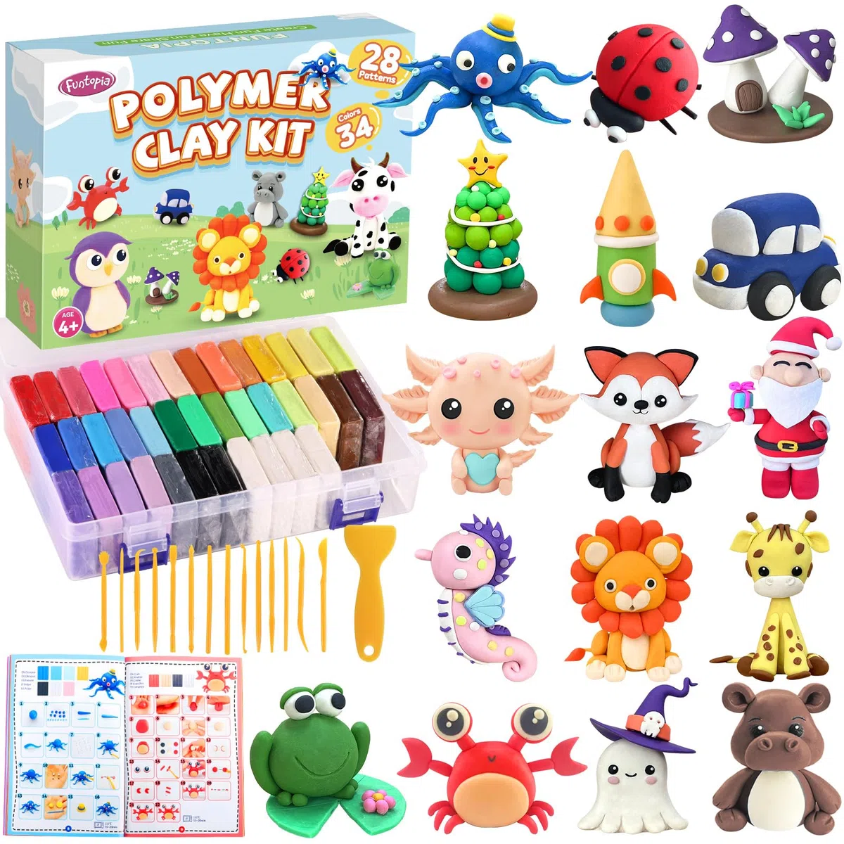 Art Polymer Clay Set, Funtopia Farbige Modelliermasse Backofen [0.9oz/Stück, 39 Blöcke, 15 Werkzeuge, Anleitung, Aufbewahrungsbox], Kinderknete, Kreatives Geschenk für Jungen & Mädchen ab 4 Jahren