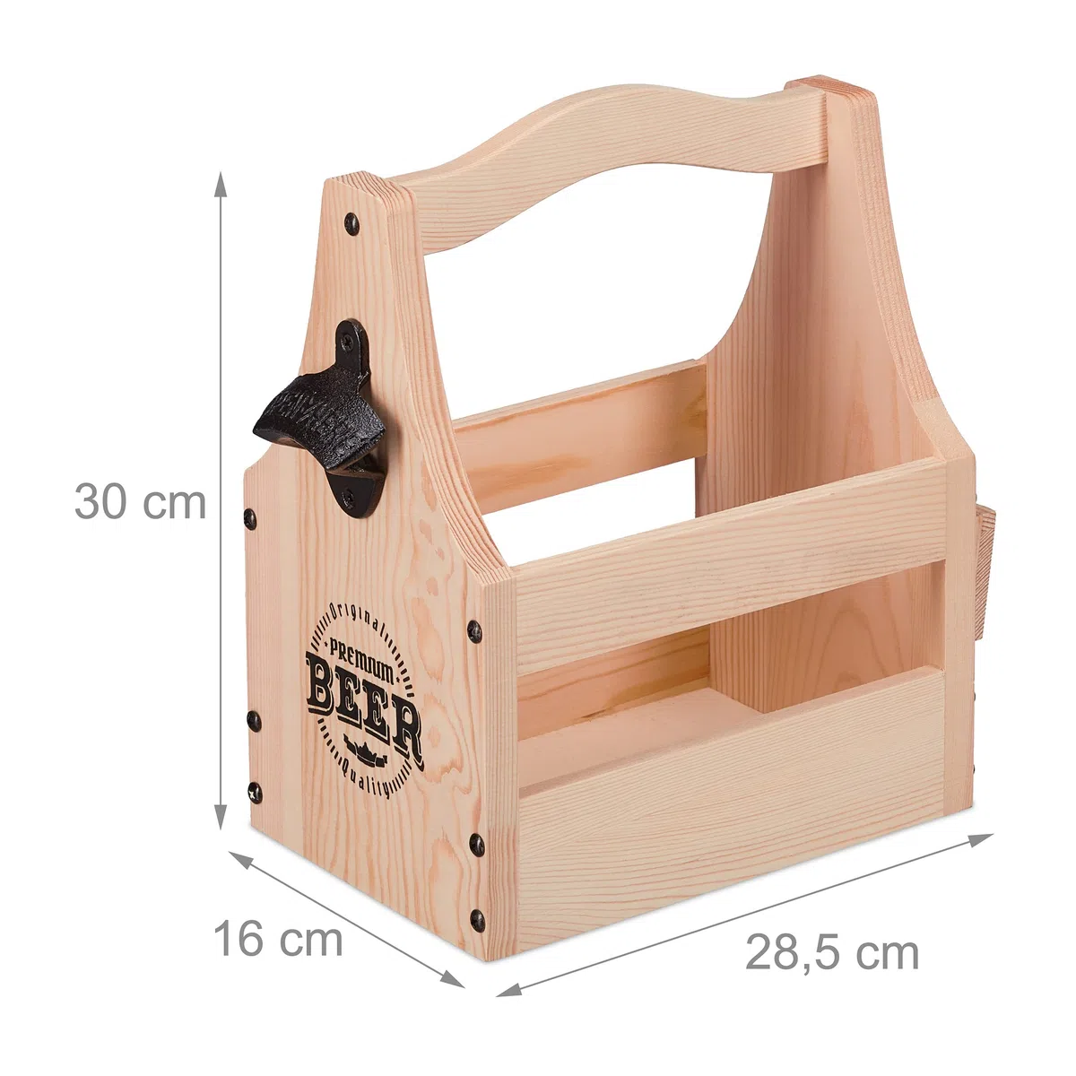 Relaxdays Bierträger aus Holz, mit Flaschenöffner & Bierdeckel, Flaschenträger 6 Flaschen, Männerhandtasche Bier, Natur