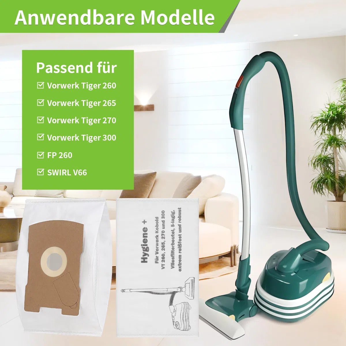 15 Stück Staubsaugerbeutel für Vorwerk Tiger VT 300, 260, 265, 270, ähnlich FP 260, Beutel kompatibel mit SWIRL V66 (fwk260 beutel-15pcs)