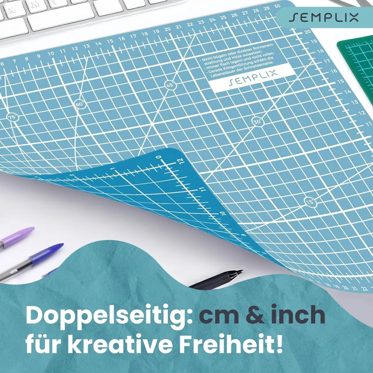 SEMPLIX Selbstheilende Schneidematte A0-A4 - Grün, Rosa, Grau, Türkis, Lila - Ideal fürs Basteln, Nähen & Patchworken - Beidseitig Bedruckt - Vorderseite cm Rückseite inch Bemaßung (Türkis-Petrol, A2)