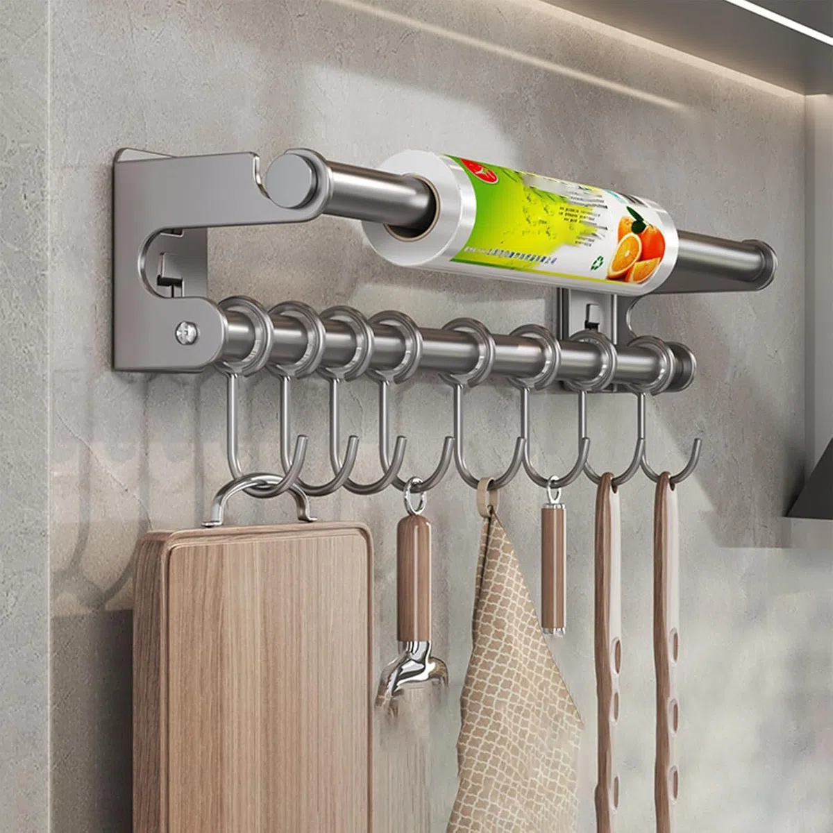 Hakenleiste Küche mit 8 Haken | Wandmontiert, 40 cm lang, Weltraumaluminium und Kohlenstoffstahl, Mit Messerhalter