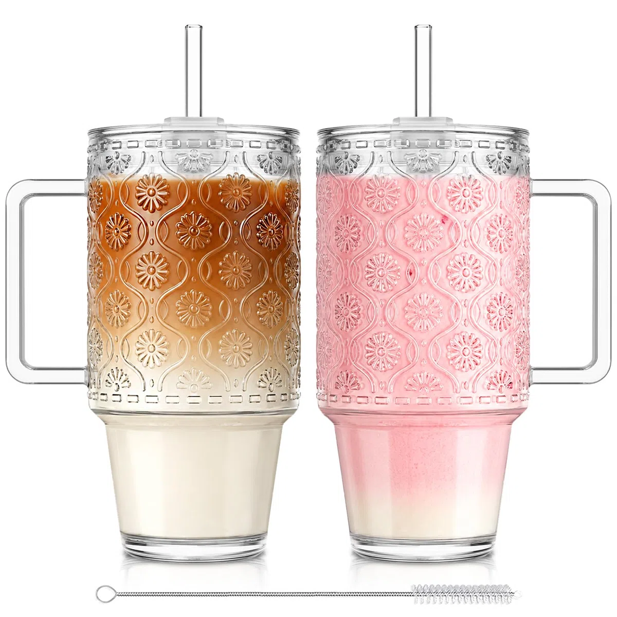 KEMORELA 2er-Set 710ml Premium Rillengläser mit Deckel & Strohhalm - Kaffeebecher, Saftgläser, Smoothiegläser & Wassergläser mit extra weitem Rand, bleifrei und spülmaschinengeeignet