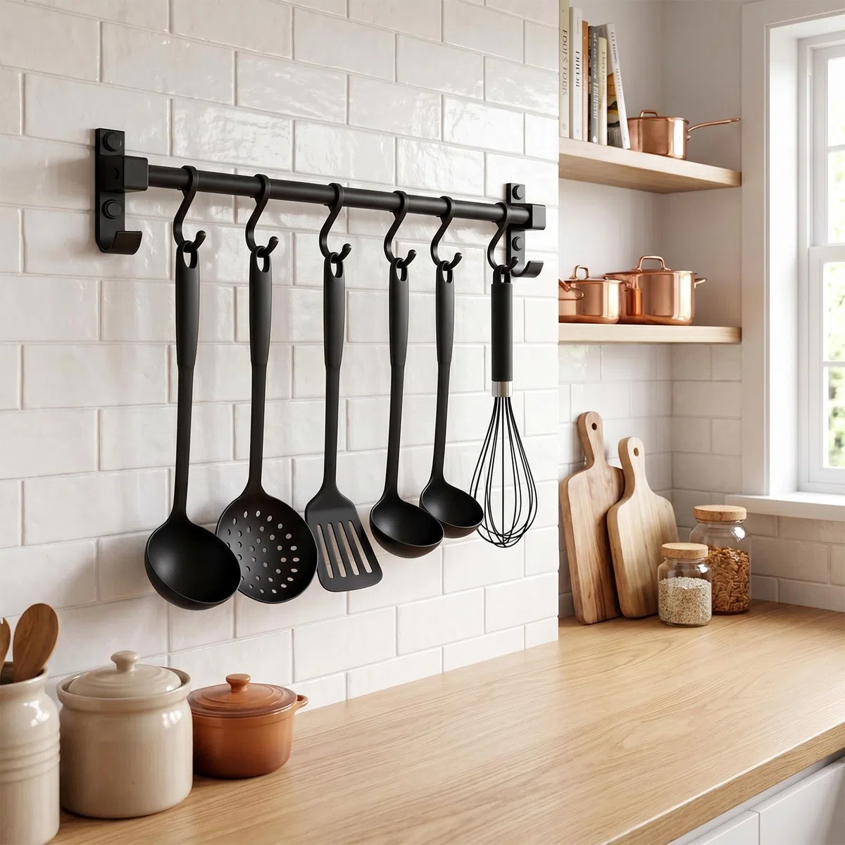 40 cm Hakenleiste Küche, Multifunktionaler Stange für Küchenutensilien, Küchenreling Schwarz mit 6 Beweglichen Haken, Küchenstange aus Aluminium, für Aufbewahrung Löffeln, Handtüchern, Scheren