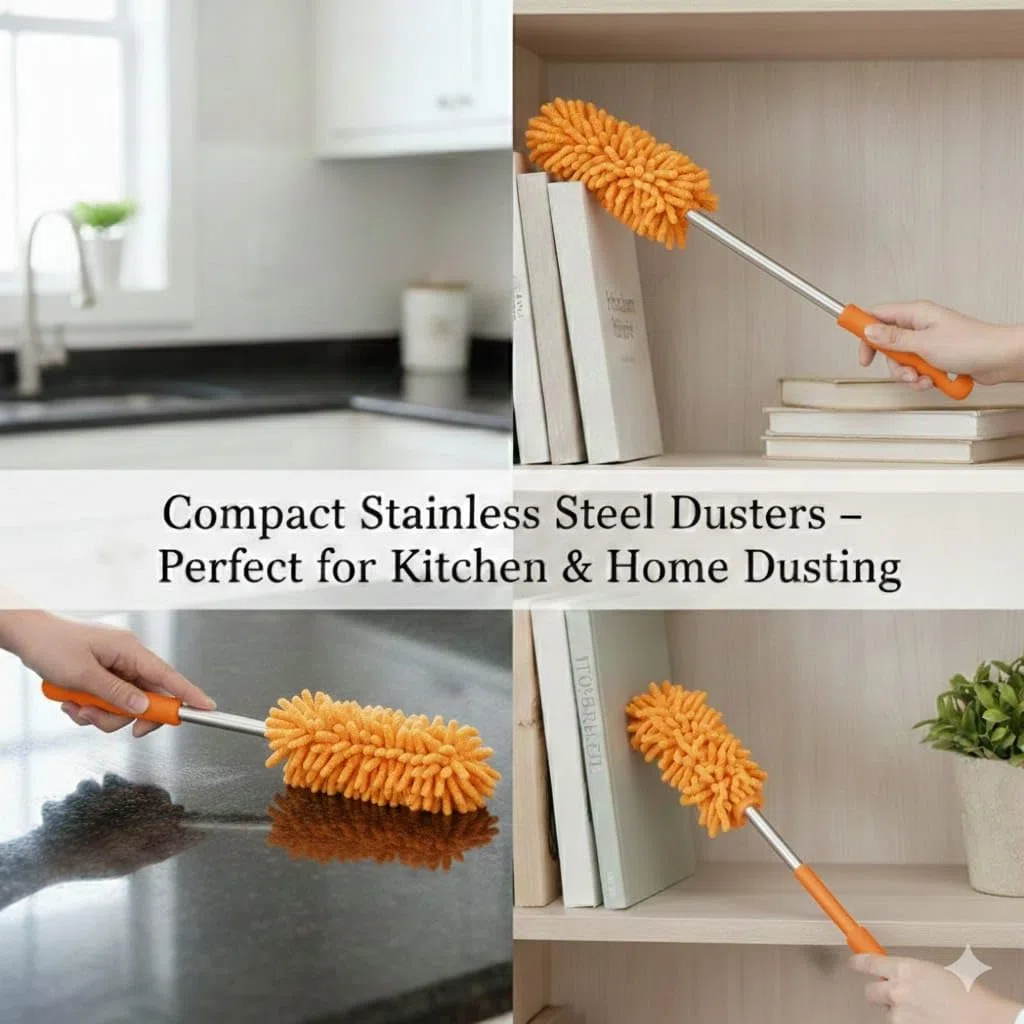 Staubwedel Set 5-teilig – Teleskop-Staubwedel aus Edelstahl + 3 Chenilleköpfe + Biegbare Ecke & Mikrofasertuch, Waschbar, Für Möbel, Fenster, Decken & Spinnweben