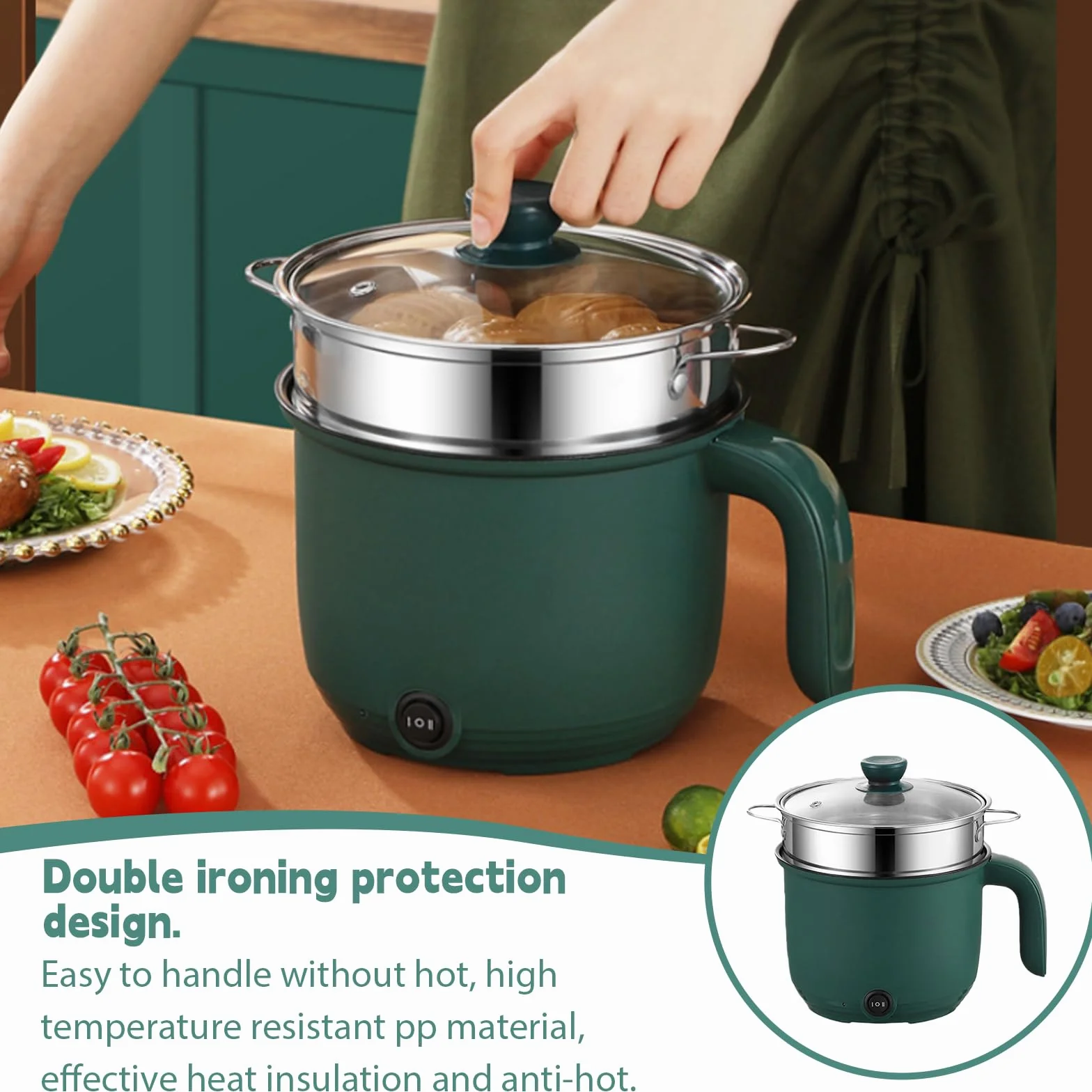 Elektrischer Hot Pot 1.5L, Tragbare Mini Antihaft Multikocher mit Dampfgarer, Schneller Ramen Kocher & Elektrische Bratpfanne mit Dual Power Steuerung, Reisekocher für Zuhause Büro Wohnheim