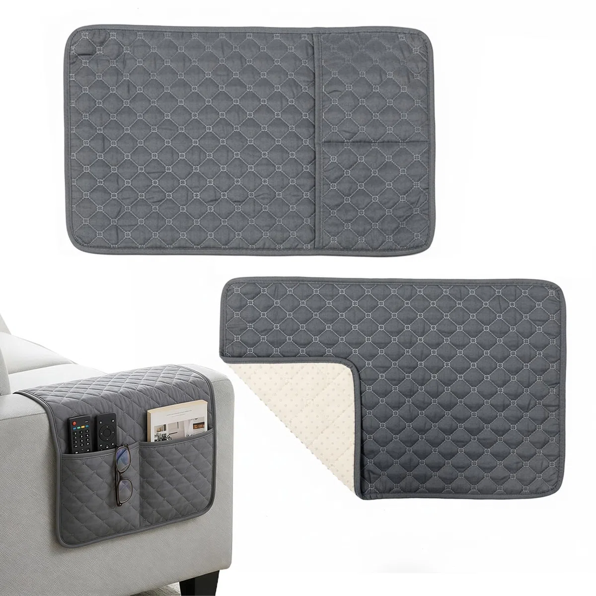 Sofa Armlehnen Organizer, Sesselschoner mit Seitentasche für Fernbedienung, Rutschfester Sofa Schoner für Couch & Sessel, Maschinenwaschbarer Möbelschutz 60x40 cm (Grau)