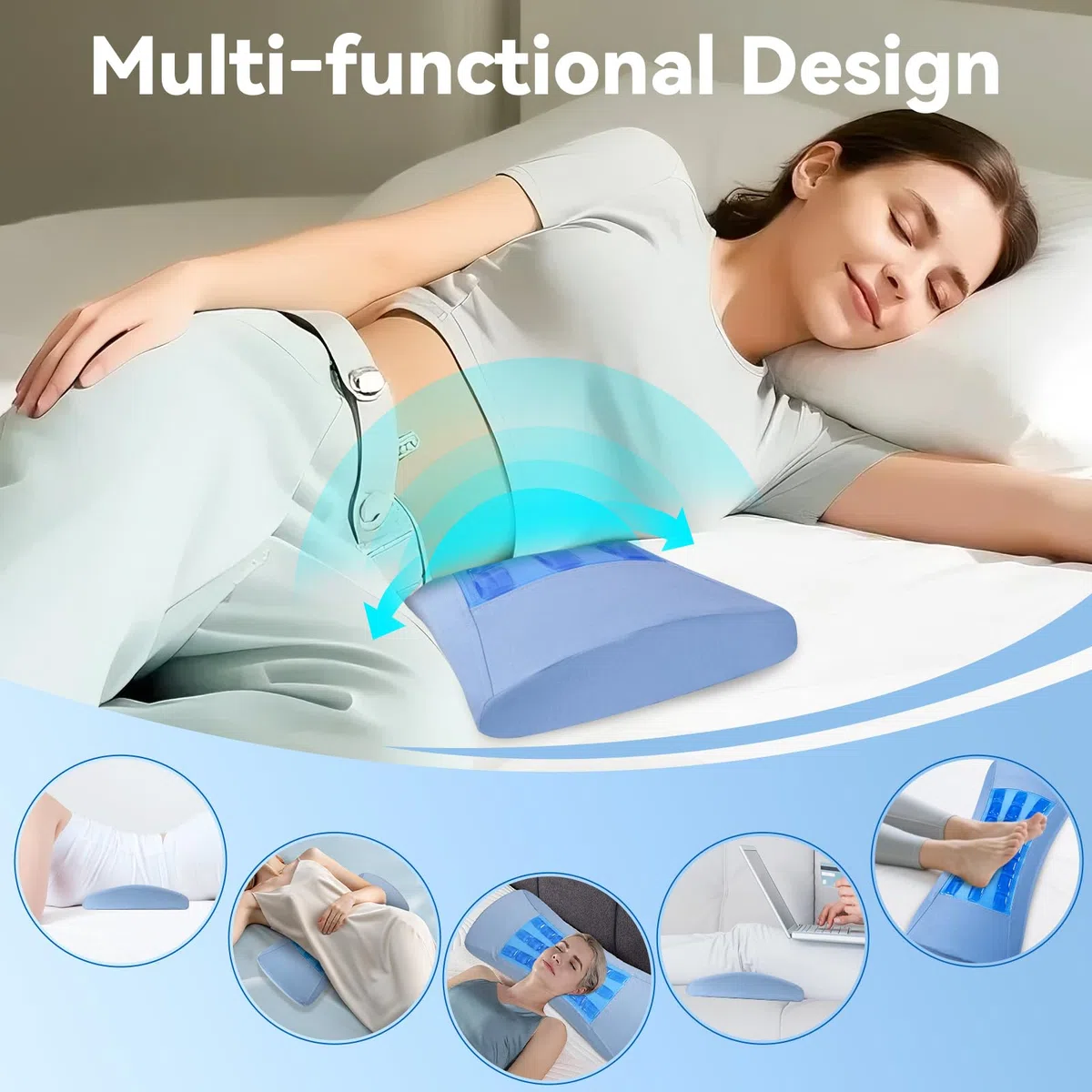 Qutool Lendenkissen für Bett, Memory Foam Rückenkissen für den unteren Rücken ，Ergonomische Lendenwirbelkissen für Bett,Bürostuhl ，Autositz und Sofa —mit Kühl-Gel & Atmungsaktives Bezug（Blau）