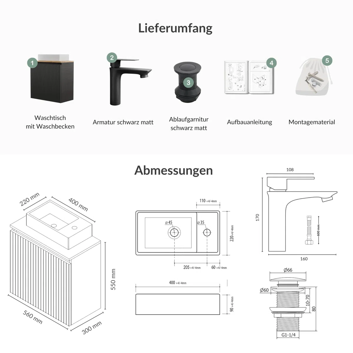 Planetmöbel Badmöbel Set Waschtisch mit Unterschrank 56 x 55 x 30 cm Anthrazit, mit Waschtischarmatur & Waschbecken Ablaufgarnitur schwarz für Badezimmer, Gäste WC & Bad