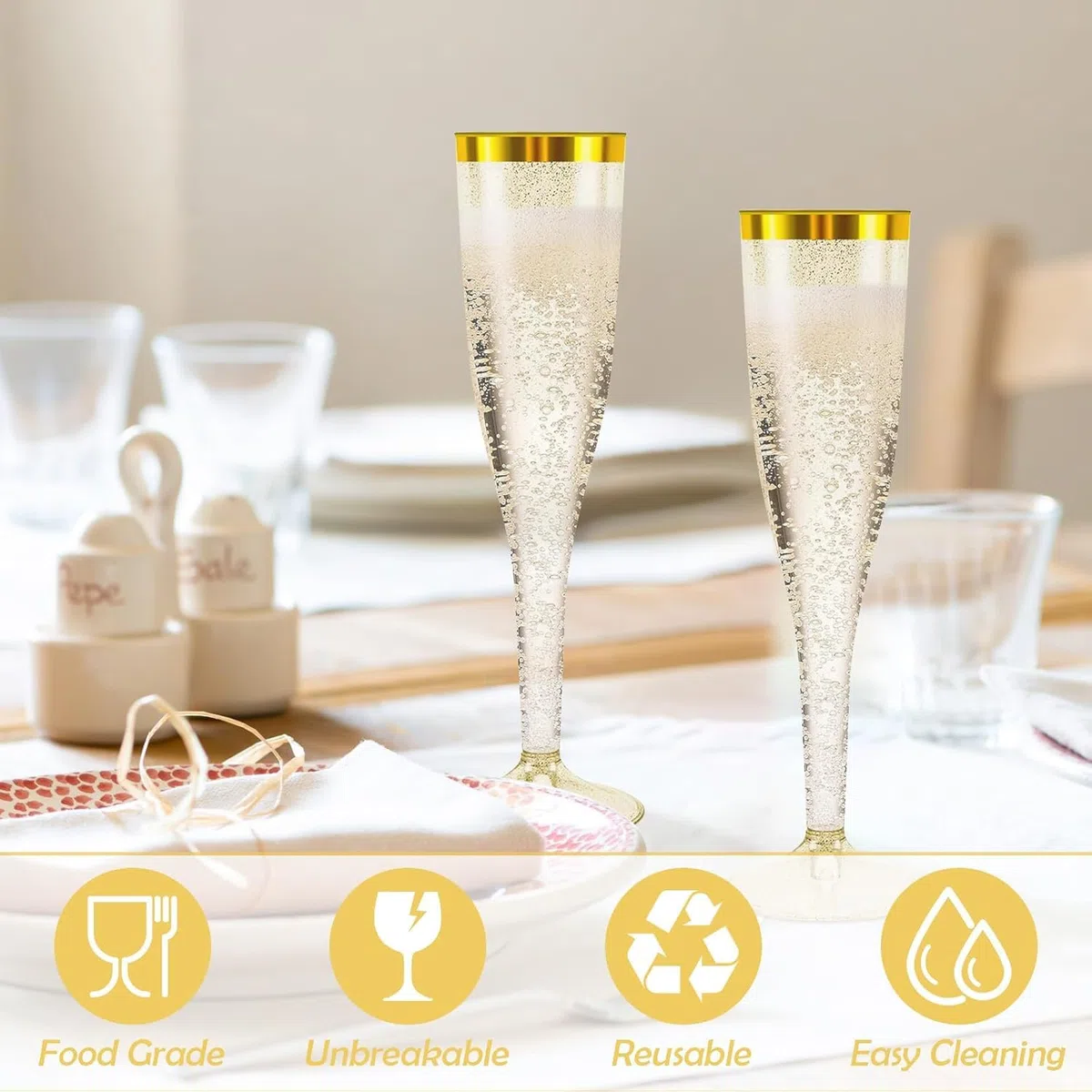 Sektgläser Plastik 30 Stück Kunststoff Champagner Gläser 150ml Goldene Kante und Glitter Sektglas Mehrweg Plastik Sektgläser für Geburtstag Hochzeit Party Picknicks Outdoor(Gold)